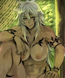 1girls :q aboriginal_messy_hair_daughter_(pepe_(jonasan)) abs amazon amazoness amazonian areolae blonde_hair blue_eyes breast_tattoo breasts dark-skinned_female dark_skin derivative_work female female_only large_breasts licking_lips long_hair muscle muscular muscular_female original pepe_(jonasan) silver_hair sitting solo tattoo tongue tongue_out tribal white_hair