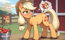 ai_assisted ai_generated apple apple_bloom_(mlp) applejack_(mlp) bangs big_macintosh_(mlp) blonde_female blonde_hair blush blush blush_lines blushing_female cowboy_hat cutie_mark detailed_background earth_pony equine female female_focus feral feral_on_feral freckles freckles_on_face friendship_is_magic green_eyes hasbro hat hi_res highres hooves incest kissing mammal my_little_pony my_little_pony outdoors panzglard photoshop red_hair shy sister sisters smile speaking stable_diffusion standing tail text text_bubble thought_bubble