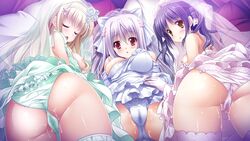 3girls bell blonde_hair blush breasts cleavage closed_eyes dress game_cg headband kuga_valencia_reiri long_hair mibuno_suzume multiple_girls nakase_nagisa nipples open_mouth purple_hair red_eyes short_hair suzui_narumi wedding_dress yellow_eyes