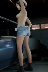 1girls 3d ass back black_hair blender boots chloe_price denim_shorts enigmaj female_focus female_only garage hand_on_head life_is_strange light-skinned_female nipples short_hair side_view sideboob solo_female topless