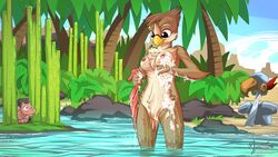 16:9 alien armor avian avian_(starbound) bathing beak blood blush breasts desert female hi_res mysticalpha nipples nude oasis palm_tree pussy ruby_rustfeather soap solo starbound sword tree video_games wallpaper weapon wounded