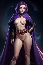 1girls ai_generated artist_name belt breasts cape cartoon_network colored_skin dc dc_comics fingernails forehead_jewel gem_on_forehead grey_skin hand_on_own_hip hi_res lips looking_at_viewer medium_breasts navel nipples nose nude patreon_username progenarts purple_eyes purple_hair pussy rachel_roth raven_(dc) short_hair solo standing superhero superheroine teen_titans uncensored