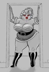 1girls arm_length_gloves beauty_mark big_breasts chubby chubby_female cleavage doorway gloves guilboss heel_boots heels milf mom_(the_binding_of_isaac) red_eyes red_lipstick santa_costume santa_hat solo solo_female the_binding_of_isaac wavy_hair wide_hips