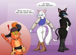 1boy 2girls ai_generated ass ass_focus big_ass black_fur blue_eyes dreamworks dreamworks_animation dulcinea felid feline highres kitty_softpaws mammal mooning naked_ass netflix orange_fur puss puss_in_boots:_the_last_wish puss_in_boots_(dreamworks) puss_in_boots_(film) puss_in_boots_(franchise) puss_in_boots_the_last_wish rivals showing_ass showing_butt shrek_(series) speech standing tail text the_adventures_of_puss_in_boots universal_pictures universal_studios white_fur