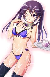 bikini black_legwear blue_bikini blush breasts bukkake cleavage collar cum cum_in_container cum_in_cup cum_on_body cum_on_breasts cum_on_clothes cum_on_hair cum_on_upper_body cup detached_collar female female_only hair highres human is_the_order_a_rabbit? long_hair looking_at_viewer medium_breasts mound_of_venus navel plate purple_eyes purple_hair ribbon rize_tedeza solo suggestive_fluid swimsuit tied_hair twintails uncensored y_umiharu