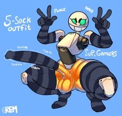 5_fingers balls big_penis circle_head clothed clothing cock_sock fingers footwear genitals gloves handwear humanoid humanoid_genitalia humanoid_penis long_penis machine male multicolored_body non-human non-human_only original_character penis penis_clothing rem_(oc) rem_(remiman) remiman robot saggy_balls smile socks solo text toony two_tone_body