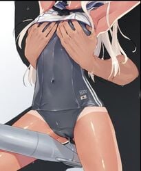 1boy armpits arms_up blonde_hair breast_grab cameltoe crop_top female flat_chest_grab head_out_of_frame kantai_collection long_hair natsuhiko one-piece_tan pussy_juice ro-500_(kantai_collection) sailor_collar school_swimsuit sweat swimsuit swimsuit_under_clothes tan tanline torpedo