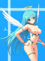 1girls angel angel_wings areolae blue_eyes blue_hair blush breasts cygnus female frown halo hand_on_hip highres long_arms long_hair medium_breasts navel nipples nude original pubic_hair pussy pussy_juice revision solo tattoo uncensored wings