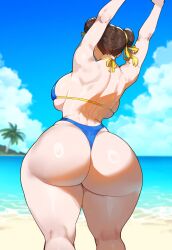 1girls ai_generated beach blush brown_eyes brown_hair chun-li creamy_ai double_bun large_breasts medium_hair outdoors solo street_fighter sweat