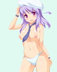 areolae bikini bikini_bottom blue_background breasts hat highres karaage_teishoku_(regret1994) large_breasts long_hair navel necktie nipples open_mouth original purple_eyes purple_hair shiny_skin simple_background smile swimsuit thighs topless touage_teishoku white_bikini white_swimsuit