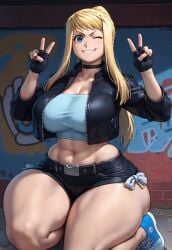 abs ai_assisted ai_generated alternate_breast_size anime big_breasts blonde_female blonde_hair blue_eyes busty busty_female civitai clothed clothed_female cropped_jacket detailed_background deviantart double_peace_sign exposed_breasts fingerless_gloves fullmetal_alchemist fullmetal_alchemist_brotherhood hotpants hourglass_figure lewd looking_at_viewer metaphorzio midriff nail_polish nails_painted nsfw peace_sign ponytail shades six_pack smug smug_expression smug_face smug_grin smug_smile sneakers solo solo_female thick_thighs thunder_thighs thunderthighs winry_rockbell