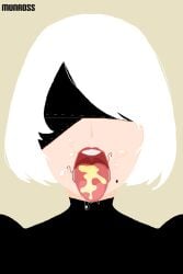 cum_in_mouth female munross nier:_automata pubic_hair_in_mouth saliva tongue_out white_hair yorha_2b