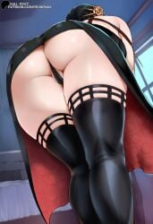 1girl ai_generated ass ass_focus black_dress black_hair black_legwear dress female from_behind from_below hair_ornament hi_res highres large_breasts legs_together legwear long_hair mature_female primosan pussy pussy_juice revealing_clothes spy_x_family standing yor_briar