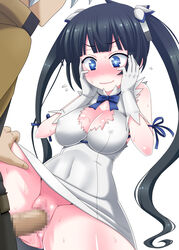 1boy absurdres bell_cranel black_hair blush breasts censored cleavage clothed_sex covered_navel dungeon_ni_deai_wo_motomeru_no_wa_machigatteiru_darou_ka female gloves hair_ribbon hands_on_own_cheeks hands_on_own_face heart heart-shaped_pupils hestia_(danmachi) highres long_hair mosaic_censoring nase penis ribbon sex simple_background straight symbol-shaped_pupils tied_hair twintails vaginal_penetration wavy_mouth white_background white_gloves