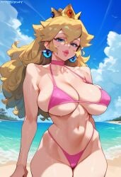 2d ai_generated beach big_breasts bikini blonde_hair crown day female female_focus female_only highleg long_hair mario_(series) micro_bikini outdoors princess_peach solo solo_female solo_focus super_mario_bros. tagme