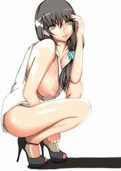 areolae black_hair breasts female green_eyes high_heels highres justin_(sera_tony) large_breasts long_hair nail_polish nipples no_bra original puffy_nipples shiny_skin simple_background solo squatting sundress white_background