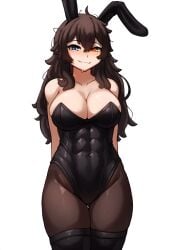 abs ai_generated blush bunny_ears bunnysuit cleavage clothed hips hismajestyii large_breasts looking_at_viewer novelai original playboy_bunny seiko_tanaka_(hismajestyii) smile smug smug_face smug_smile stockings thighs toned toned_female wide_hips