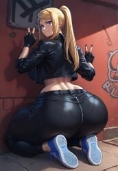 abs ai_assisted ai_generated alternate_breast_size anime ass big_ass big_breasts blonde_female blonde_hair blue_eyes busty busty_female civitai clothed clothed_female cropped_jacket detailed_background deviantart double_peace_sign exposed_breasts fingerless_gloves fullmetal_alchemist fullmetal_alchemist_brotherhood hotpants hourglass_figure kneeling lewd looking_at_viewer metaphorzio midriff nail_polish nails_painted nsfw outdoors outside peace_sign ponytail shades six_pack smug smug_expression smug_face smug_grin smug_smile sneakers solo solo_female sunglasses sunglasses_on_face thick_thighs thunder_thighs thunderthighs winry_rockbell