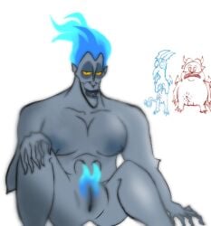 big_nipples blue_hair breasts clawed_fingers cuntboy fire fire_hair genderswap genderswap_(mti) gray_body grey_skin hades_(hercules) hand_on_knee hard_cock hercules hercules_(disney) intersex male minion pain_(hercules) panic_(hercules) small_penis spread_legs spreading_ass tight_pussy villain watching