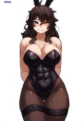 abs ai_generated blush bunny_ears bunnysuit cleavage clothed hips hismajestyii large_breasts looking_at_viewer novelai original playboy_bunny seiko_tanaka_(hismajestyii) smile smug smug_face smug_smile stockings thighs toned toned_female wide_hips