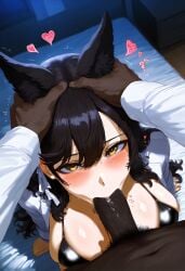 1boy 1girls ai_generated animal_ears atago_(azur_lane) azur_lane big_breasts bikini black_hair breasts cock_worship cuckold dark-skinned_male dog_ears fellatio female female_focus huge_breasts huge_cock large_breasts light-skinned_female looking_pleasured loving_it mature_female navel thick_thighs thighs yellow_eyes