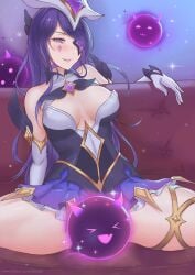 arm_gloves cleavage clothed clothing collar convenient_censoring couch eliskalti eye_covered gloves hair hair_over_one_eye inner_sideboob league_of_legends long_hair magical_girl one_eye_covered purple_eyes purple_hair riot_games short_skirt skirt star_guardian_series stars syndra thick_thighs thighs