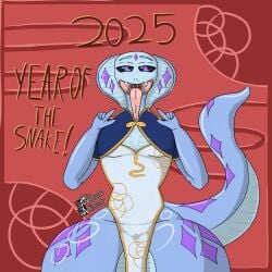 1anthro 1girls 2d 2d_(artwork) anemone_antimony anthro black_sclera blue_scales blue_skin boob_window chinese_clothes chinese_dress chinese_new_year chinese_zodiac cleavage_cutout curvy curvy_figure diamond_(marking) dress drool drool_string english_text fangs female flat_chest hips_wider_than_shoulders huge_ass huge_thighs long_tongue lunar_new_year maw new_year open_mouth oral_invitation pointing pointing_at_mouth purple_eyes pussy_visible_through_clothes qipao reptile scalie self_upload sharp_teeth slit_pupils snake snake_girl snake_hood snake_tail snake_tongue solo solo_female solo_focus text thick_tail thick_thighs tongue_out wide_hips