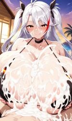 1boy 1girls ai_generated alternate_breast_size areolae_peeking azur_lane beach big_breasts bikini breasts_bigger_than_head choker choker_collar consensual_paizuri consenting_female covered_paizuri cum cum_drip cum_in_cleavage cum_on_body cum_on_breasts cum_on_face cumming_from_paizuri cumming_in_cleavage cumshot cumshot_in_chest cumshot_in_cleavage ejaculating_cum ejaculating_in_cleavage ejaculation ejaculation_between_breasts engulfing_paizuri enormous_breasts evening ftggtgg gigantic_breasts happy_female happy_paizuri huge_breasts hyper_breasts iron_blood_(azur_lane) massive_breasts official_alternate_costume paizuri paizuri_lead_by_female paizuri_under_bikini post_orgasm_paizuri prinz_eugen_(azur_lane) prinz_eugen_(unfading_smile)_(azur_lane) ribbon smile smiley_face smiling smiling_at_partner swimsuit swimsuit_paizuri swimzuri titty_creampie twintails wet_and_messy white_hair yellow_eyes