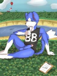 1boy animal_crossing anthro balls barefoot caroxmaster clothed clothing english_text erection feline fur half-closed_eyes half-dressed looking_at_viewer male male_only mammal nintendo on_ground outside penis river shirt sitting smile solo text tom video_games