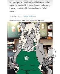 big_breasts cup furry iced_latte_with_breast_milk iced_latte_with_breast_milk_(meme) marker nervous_sweat nipples nipples_visible_through_clothing starbucks suggestive wolfeyxkat worker