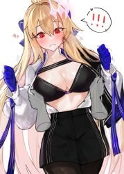 ! !! 1girls absurdres archetype_earth archetype_earth_(fgo_fes._2025) arcueid_brunestud big_breasts black_bra black_capelet black_ribbon black_shorts blonde_hair blue_bow blue_gloves blue_ribbon blush bow bowtie bra breasts brown_pantyhose capelet cleavage disembodied_hand fate/grand_order fate_(series) female gloves gold_trim hairbow highres large_breasts light-skinned_female long_hair long_sleeves looking_at_viewer open_clothes pantyhose red_eyes ribbon shirt shorts solo_focus thighs underwear very_long_hair white_shirt yotsutsu428
