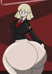 :o armband big_ass big_breasts big_eyes blonde_hair bottomless lobotomy_corporation massive_ass massive_breasts narae_(wonderlab) oomyloops project_moon red_background shiny_skin simple_background suit suit_and_tie tie wonderlab yellow_hair