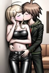 1boy1girl ai_generated akamatsu_kaede belt black_strapless danganronpa danganronpa:_trigger_happy_havoc danganronpa_v3 jnbu kissing latex midriff naegi_makoto nai_diffusion pants stable_diffusion strapless