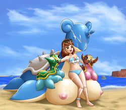 absurd_res after_sex beach big_breasts blush breasts brown_eyes brown_hair clothing cum cum_covered cum_everywhere cum_on_breasts cum_on_face cum_on_hair excessive_cum female gastrodon group hi_res huge_breasts human lapras mammal messy nintendo nipples ole open_mouth outside pokemon seaside swimsuit video_games