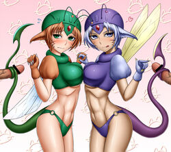 :q blue_eyes blue_hair breast_press brown_hair duel_monster fairy fairy_wings green_eyes insect_wings monster_girl multiple_girls navel nekogal_#1 nekogal_#2 pataniito penis symmetrical_docking tail tailjob tongue tongue_out wings yu-gi-oh! yuu-gi-ou