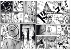 abs areola_slip areolae ass attack boots breasts bubble_head_nurse cleavage double_deck english_text female female_pyramid_head gloves greyscale highres holding_weapon huge_breasts human humanoid knee_boots konami larger_female male melee_weapon monochrome monster monster_girl motion_lines muscles muscular muscular_female nurse_(silent_hill) nurse_cap profanity pyramid_head rule_63 running silent_hill silent_hill_2 size_difference skirt smaller_male standing surprised sweat sword text thick_thighs villainess voluptuous wardrobe_malfunction weapon wide_hips