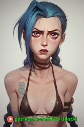 ai_generated arcane beach bikini black_bikini blue_hair chocker female female_only human jinx jinx_(league_of_legends) league_of_legends looking_at_viewer patreon_username pink_eyes small_breasts solo stable_diffusion tattoo