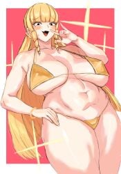 1girls bare_shoulders big_breasts bikini black_eyes blonde_hair blush blush_lines breasts busty curvaceous curvy curvy_female curvy_figure drill_hair female female_focus female_only gold_bikini golden_bikini hand_on_hip hi_res high_resolution highres huge_breasts kaneda_mochiko large_breasts light-skinned_female light_skin long_hair mount_celeb_kaneda-san navel oerba_yun_fang simple_background smile solo solo_female solo_focus swimsuit tagme thick_thighs thighs thong very_long_hair voluptuous voluptuous_female