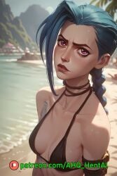 ai_generated arcane beach bikini black_bikini blue_hair chocker female female_only human jinx jinx_(league_of_legends) league_of_legends looking_at_viewer patreon_username pink_eyes small_breasts solo stable_diffusion tattoo