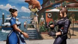 2girls 3d 3d_animation akiman_pose animated athletic_female big_ass big_breasts black_hair black_jacket black_pants blue_dress bouncing_breasts breast_contest breast_press breast_to_breast breasts breasts_to_breasts brown_eyes brown_hair capcom chest_bump china_dress chinese_clothes chun-li chun-li_(street_fighter_6) cropped_jacket crossover double_bun eye_contact fat_breasts fatal_fury fatal_fury:_city_of_the_wolves female female/female female_focus female_only fit_female game_screenshot hair_bun hair_ribbon high_ponytail human human_female jiggle king_of_fighters large_breasts leather_jacket leather_pants light-skinned_female long_hair looking_at_another mai_shiranui mai_shiranui_(city_of_the_wolves) matching_hair/eyes mature_female midriff milf multiple_females multiple_girls official_art outdoors pants ponytail ribbon rivalry slim_waist snk street_fighter sumo_wrestler symmetrical_docking thick_ass thick_thighs upper_body video yuri
