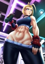 1girls abs athletic athletic_female blonde_hair blue_eyes cammy_white capcom ember_cool female female_only fingerless_gloves gym gym_clothes holding_bottle holding_object light-skinned_female light_skin medium_hair pussy_peek solo street_fighter water_bottle workout_clothes