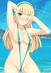 absurdres alternate_hairstyle angela_balzac arms_up bikini blonde_hair blue_eyes blush breasts expelled_from_paradise female flower hair_flower hair_ornament hairband highres long_hair looking_at_viewer navel nipples nude outdoors see-through sling_bikini smile solo swimsuit water wink xerw