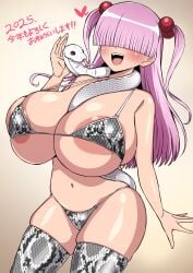 bangs_over_eyes big_breasts bikini female hair_covering_eyes hair_over_eyes hi_res huge_breasts komusou_(jinrikisha) large_breasts long_hair miki_somei original pink_hair snake solo stockings top_heavy year_of_the_snake