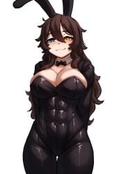 abs ai_generated blush bunny_ears bunnysuit cleavage clothed hips hismajestyii large_breasts looking_at_viewer novelai original playboy_bunny seiko_tanaka_(hismajestyii) smile smug smug_face smug_smile thighs toned toned_female wide_hips