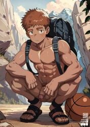 1boy abs ai_generated aminor anklewear ass_visible_through_thighs backpack backpack_only balls basketball biceps big_areola blurry_background blush brown_eyes brown_hair chinese_text circumcised cliff cloud collarbone completely_nude crouching feet flaccid foreskin_folds gay grass hi_res leaves male male_only mature_male morning mountain muscles muscular muscular_arms muscular_legs muscular_male muscular_thighs navel original original_character outdoor_nudity outdoors pecs pixiv_username pubic_hair qr_code rock sandals short_hair six_pack solo sweat sweatdrop sweating sweaty thick_eyebrows toes twitter_username uncensored very_high_resolution yaoi young zipper_pull_tab