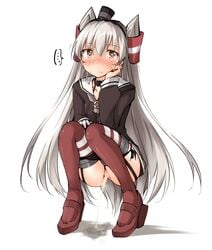 amatsukaze_(kantai_collection) black_panties blush brown_eyes female garter_straps hair_ornament hair_tubes hand_on_own_cheek highres kaminagi_(kaminagi-tei) kantai_collection long_hair long_sleeves looking_at_viewer neckerchief panties panty_pull peeing red_legwear school_uniform serafuku silver_hair solo squatting sweat thighhighs two_side_up underwear very_long_hair