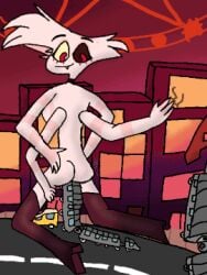 1boy ahe_gao angel_dust_(hazbin_hotel) animated aroused ass buttcrush car city crushing destruction hazbin_hotel macro macrophilia pleasuring_self solo_male supermister5 thigh_boots train vehicle