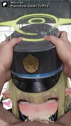 ai_generated blue_archive clothed_female_nude_male cum cum_in_mouth deepthroat ejaculation elf female female_focus hand_on_head hat head_grab hikari_(blue_archive) male oral pointy_ears pov pov_male rolling_eyes tears trugprz