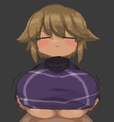 1boy 1girls =_= accurate_art_style blonde_hair blush_stickers breasts closed_eyes closed_mouth grey_background jaggy_lines large_breasts meotre paizuri plaid_sweater pov purple_sweater short_hair simple_background smile straight sweater turtleneck turtleneck_sweater underboob urotsuki yume_2kki yume_nikki_fangame