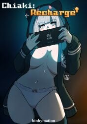 1girls animal_ear_hood big_breasts comic_cover danganronpa danganronpa_2:_goodbye_despair english_text female female_only game_console heart-shaped_pupils hi_res hoodie inner_sideboob kinkymation looking_at_viewer mole mole_on_breast nanami_chiaki nintendo nintendo_switch open_mouth panties shaded solo text white_hair